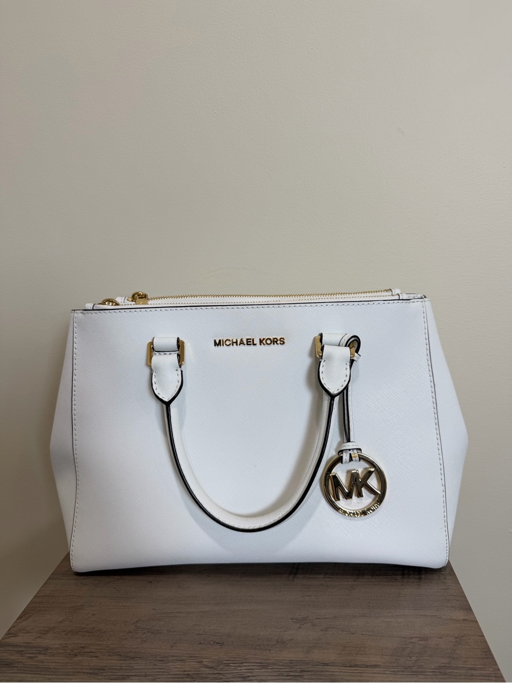 Michael Kors White Saffiano Satchel with Gold Hardware and MK Charm